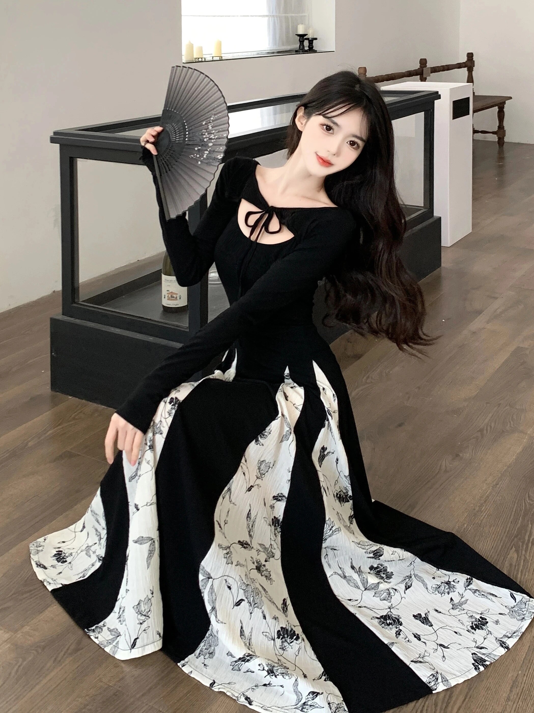 Maxct Knitted Patchwork Floral Dress Irregular Design Sense Hepburn Wind Sweet Fashion Slim Summer New Black Long Dresses