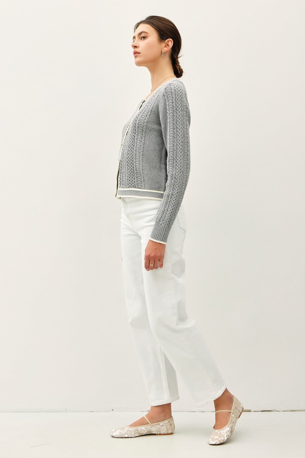 Maxct &Be Cool Cable Knit Long Sleeve Contrast Edge Cardigan