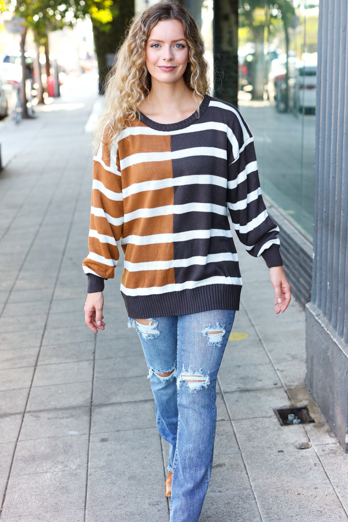 Maxct &Camel & Charcoal Striped Color Block Sweater