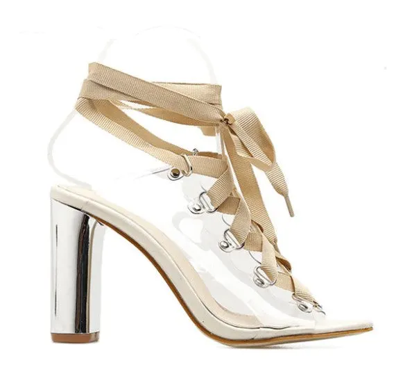Square-Heeled PVC Transparent Cross-Tied Sandals Maxct