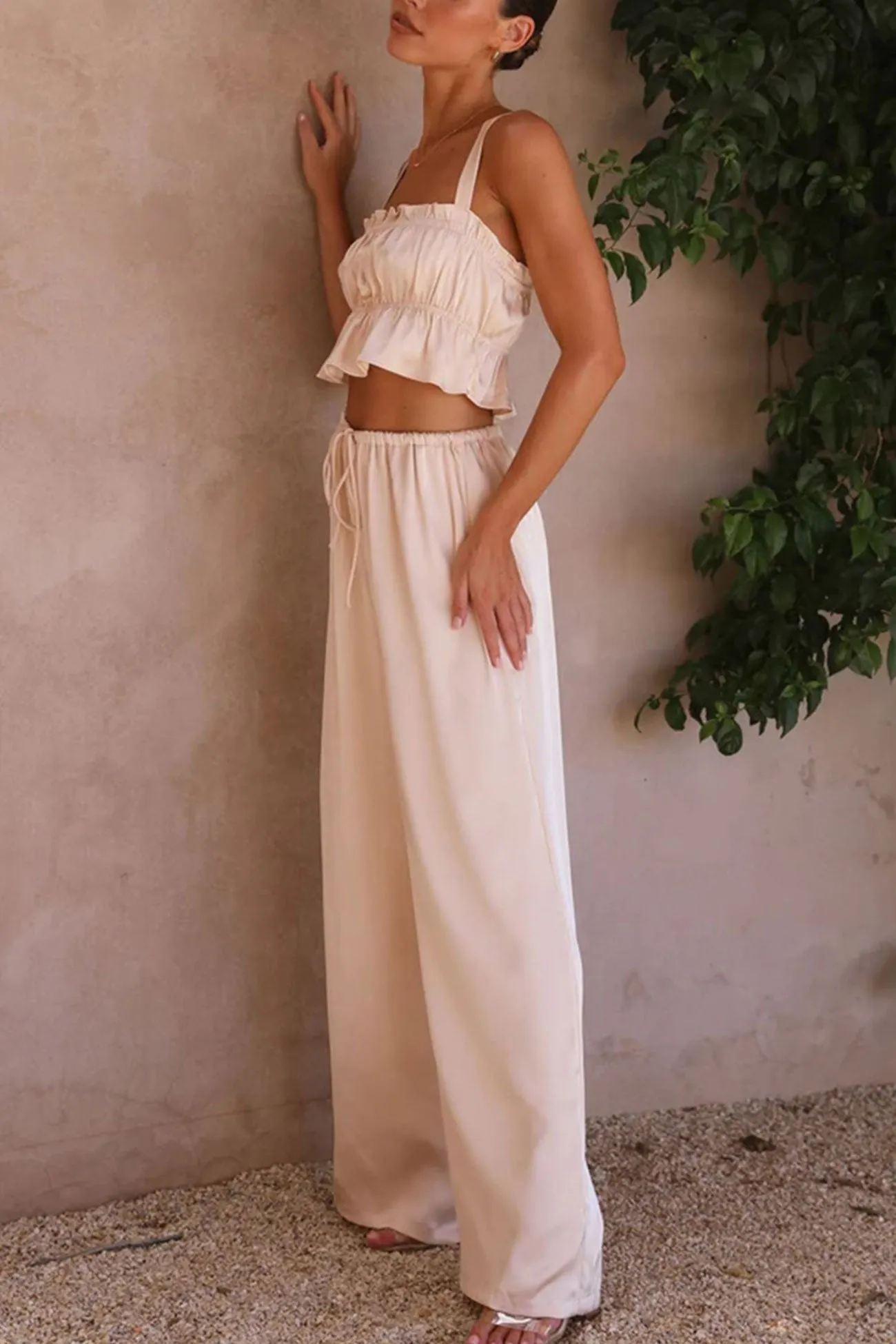 Maxct Smocked Ruffle Cami Crop Top Wide Leg Long Pants Set