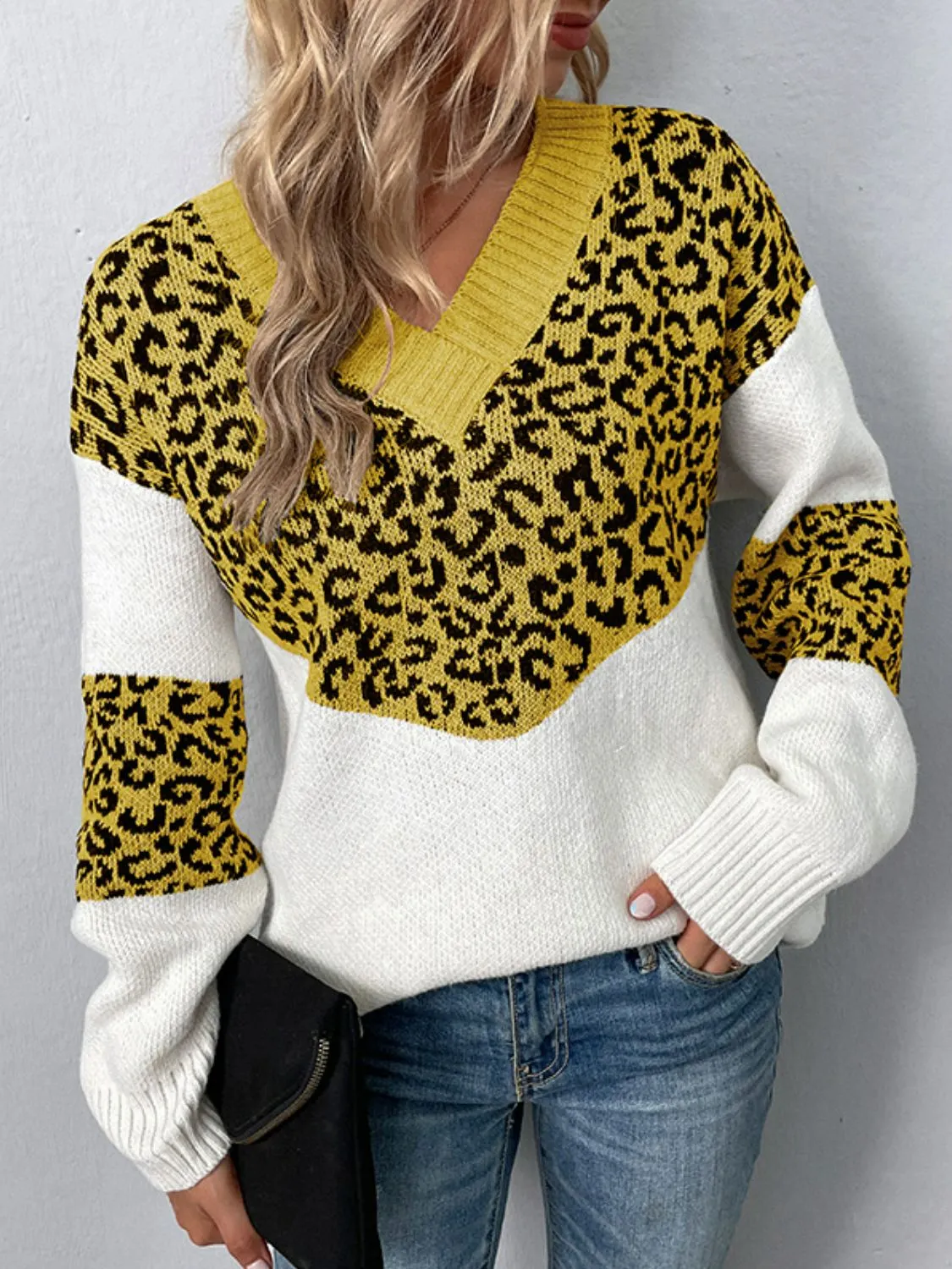Maxct &Leopard V-Neck Dropped Shoulder Sweater