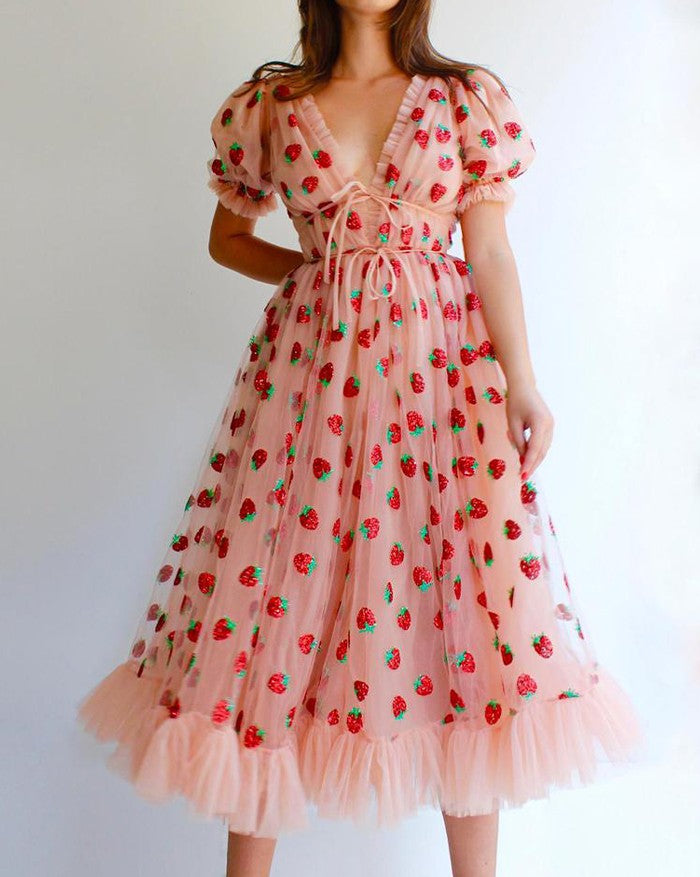 Sequined Strawberry Mesh Pleated Maxi Dress Maxct