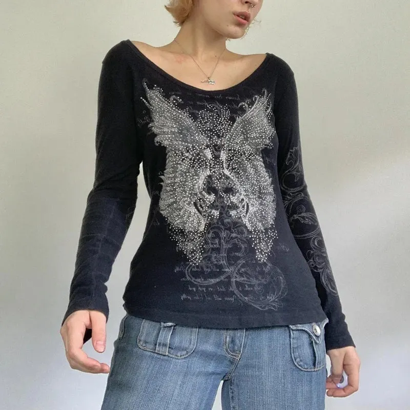 Maxct Mall Goth 2000s Retro Pullovers Tops Vintage Graphics Y2K Loose T Shirt Chic Aesthetic Autumn Long Sleeve Tees Grunge Streetwear