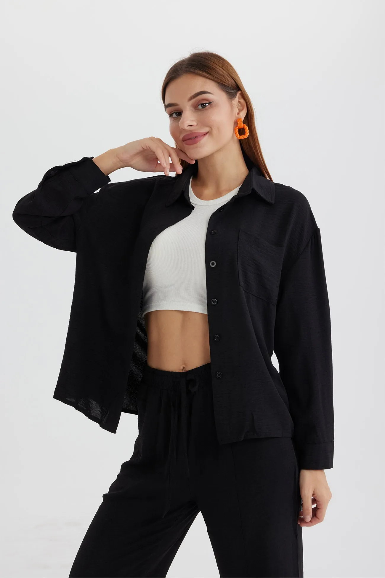 Maxct Long Sleeve Solid Color Shirt Long Pants Set - Image 42