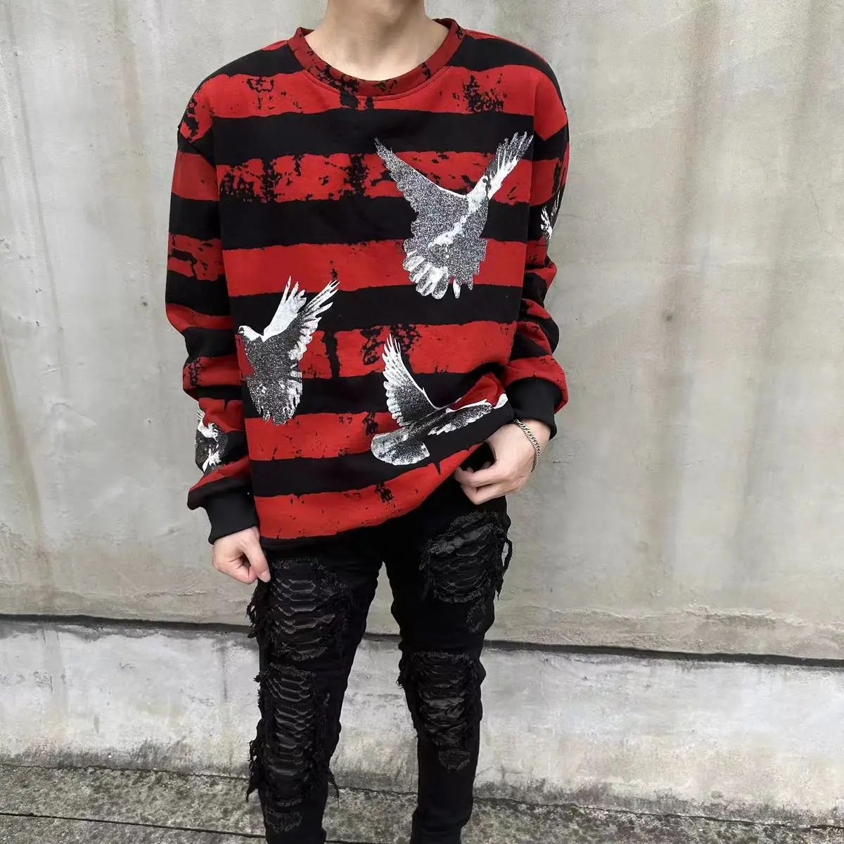 Maxct High street-inspired pigeon-print long-sleeved pullovers sweatshirts men women street tie-dye stripe panels versatile harajuku