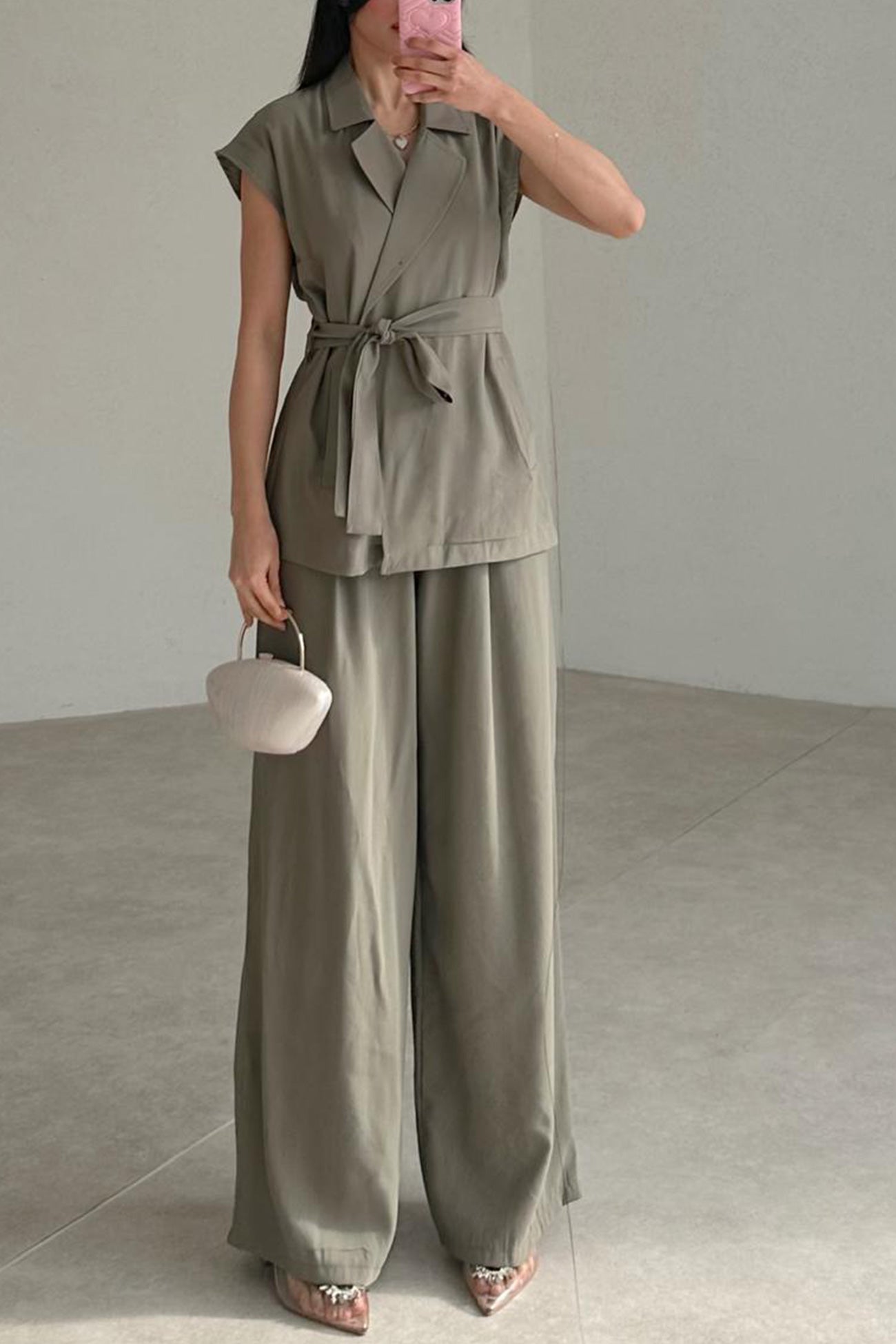 Maxct Cap Sleeve Tie-waist Suit Pants Set