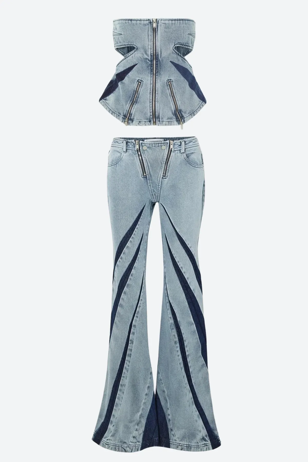 Maxct &Denim Cut Out Tube Top & Patch Jeans Two Piece Set