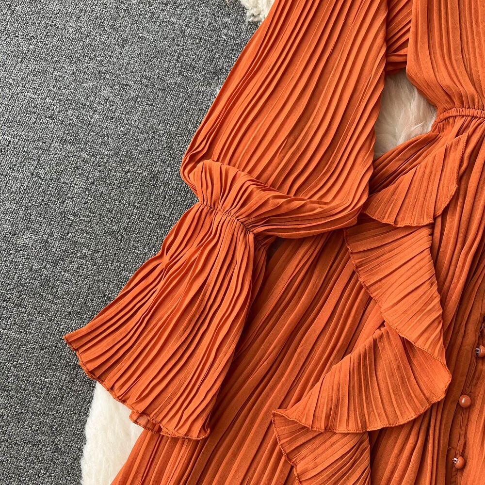Chiffon Pleated Long Dress Women Vintage V-Neck Flare Sleeve Draped Ruffle Vestido Female Maxi Robe Spring Fall 1215-1