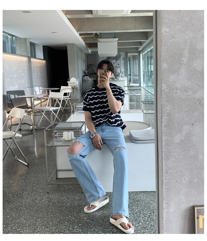Maxct 90s Streetwear Men's T-shirt Short-sleeved Summer Trendy Brand High-grade Sense Heavy Industry Hollow Knitted Sweater Jacquard Wave Striped T-shirt Top