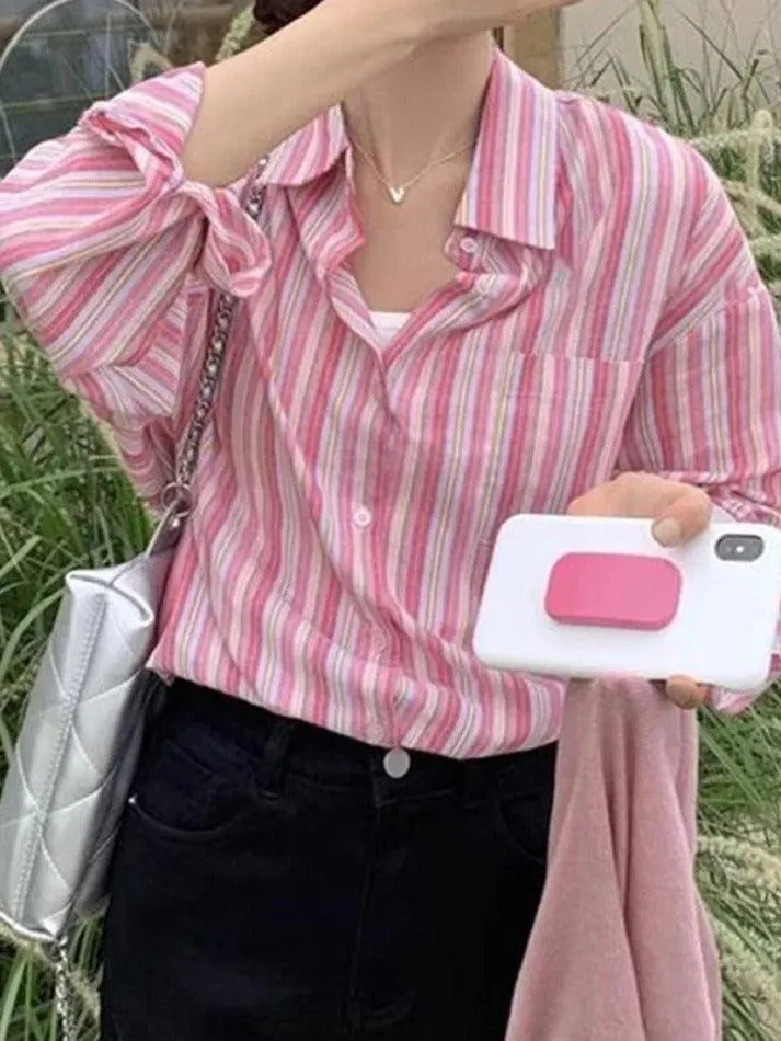 Maxct Contrast Color Striped Long Sleeve Blouse