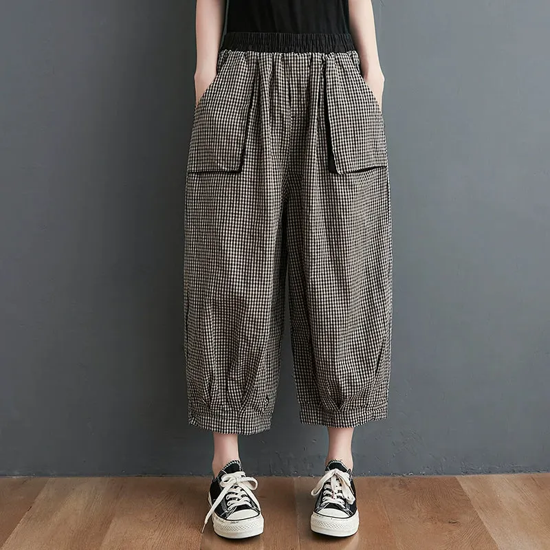 Large Pockets Plaid Elastic Waist Casual Cotton Linen Pants