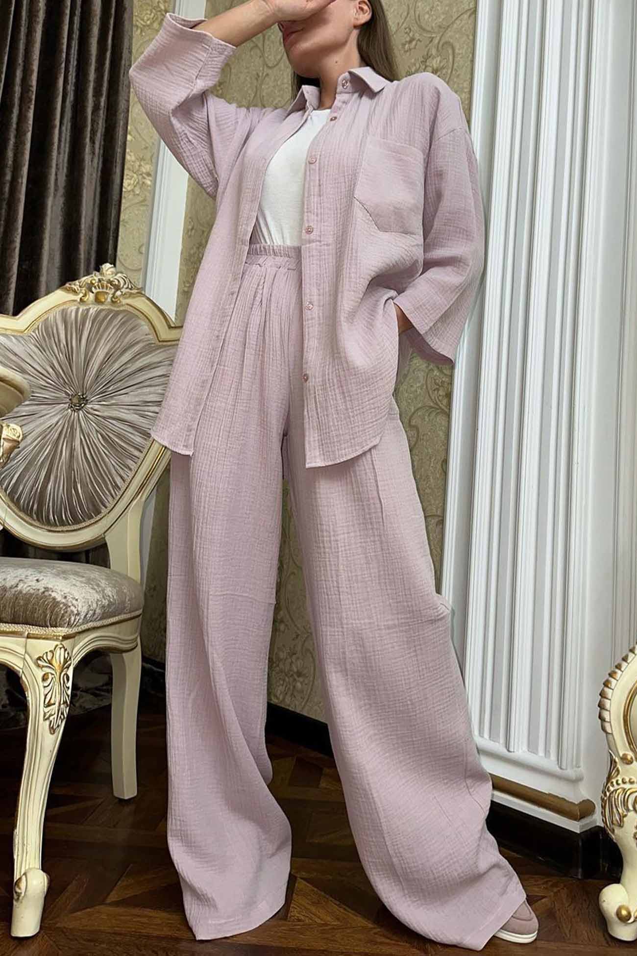 Maxct Button Belt Wide Leg Pants Two-piece Set