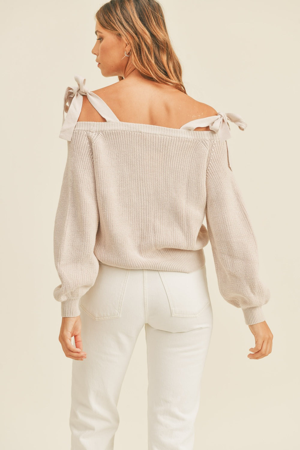 Maxct &MABLE Off Shoulder Self Tie Strap Button Down Sweater