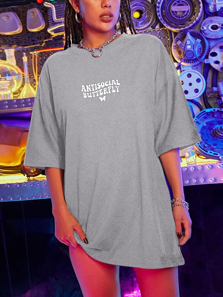 Butterfly White Letter Printed T-Shirts Women 100% Cotton Black Short Sleeve Fashion Hip Hop Streetwear Summer Breathable Tshirt