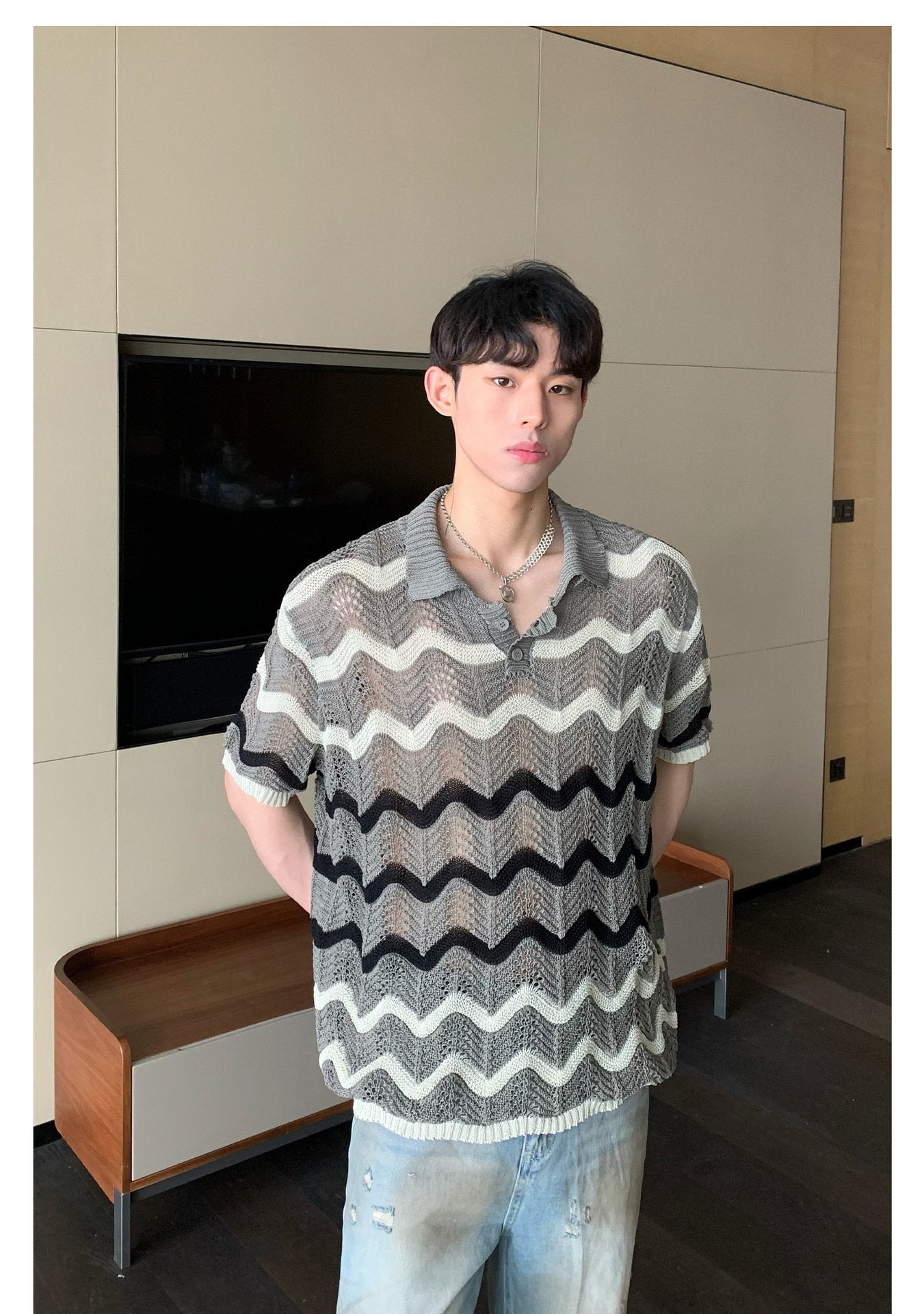 Maxct 90s Streetwear Korean Style Summer High-end Sense Hollow Color Stripe Lap Short-sleeved Niche Design POLO Shirt T-shirt Casual Top