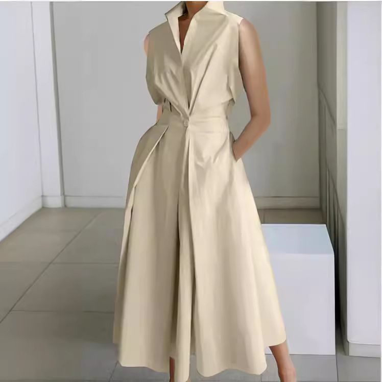 Maxct Dress 2024 Summer New Commuter Fashion Solid Color V-neck Women's Button Swing Dress