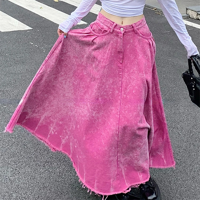 Pink Distressed Denim Maxi Skirt Maxct