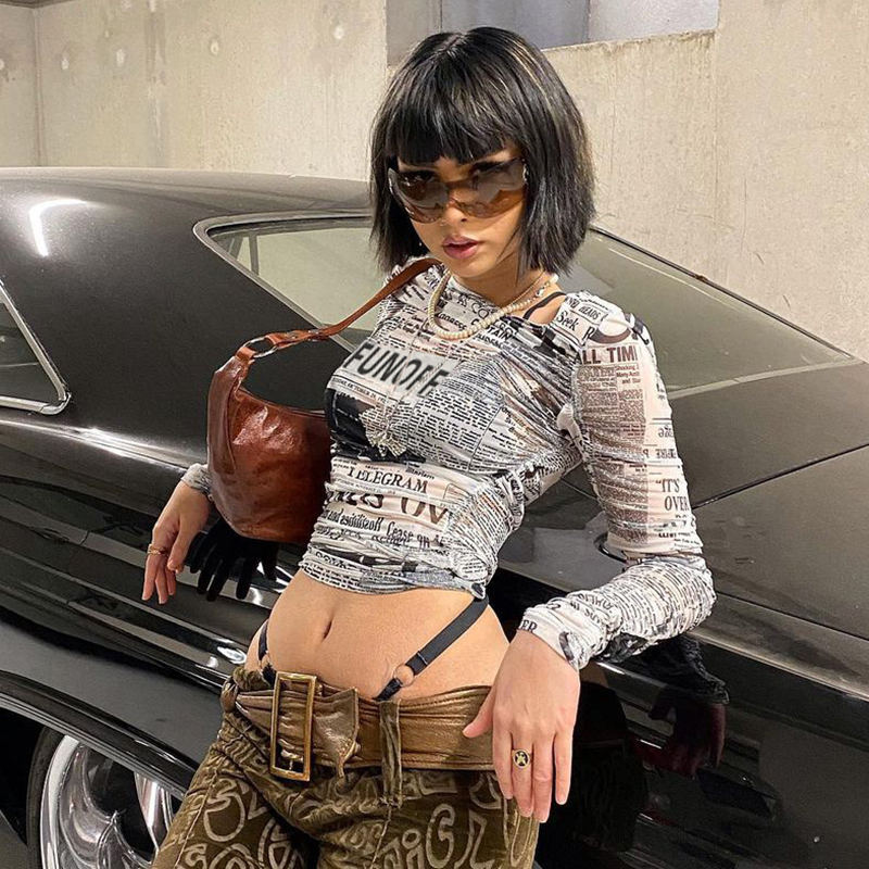 Gothic Black Pachtwork Mesh Sheer T-shirt Graphic 90s Vintage Women Long Sleeve Slim Fit Crop Top Harajuku Streetwear