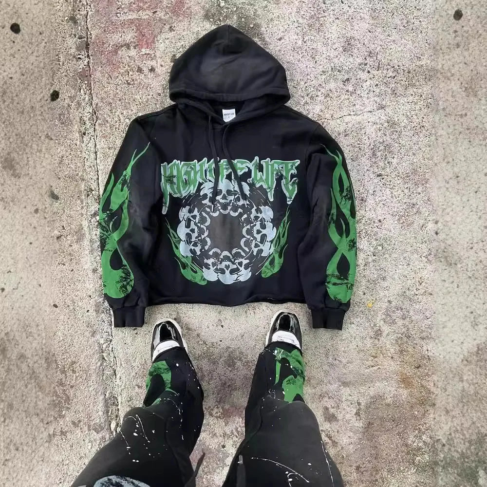 Maxct Y2k Winter Long Sleeved Hoodie Sweatshirt Oversized Winter Clothes Streetwear Y2k Vintage Punk Graffiti Print Top School Ootd