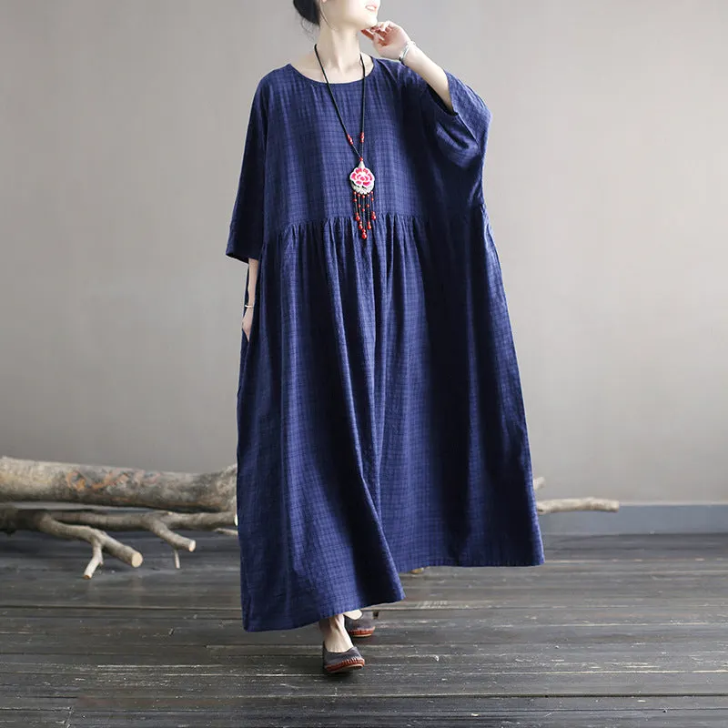 Round Neck Plaid Loose Cotton Midi Dress