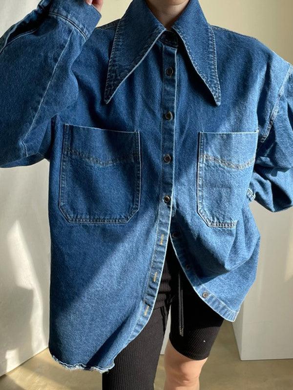 Maxct Vintage Large Collar Single Breasted Loose Denim Shirt