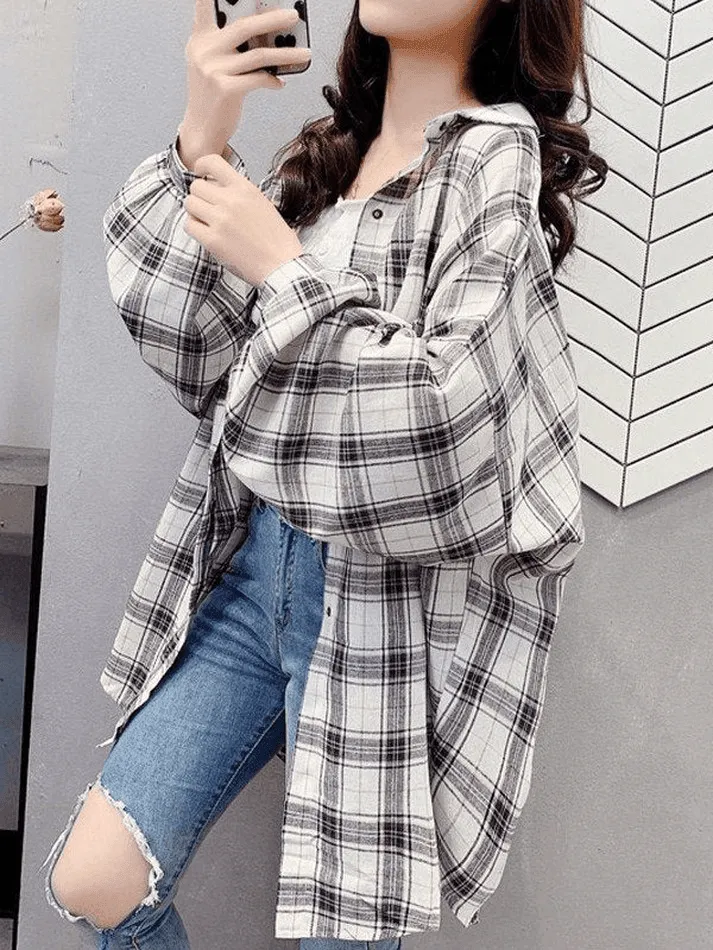 Maxct Checkered Baggy Long Sleeve Button Blouse