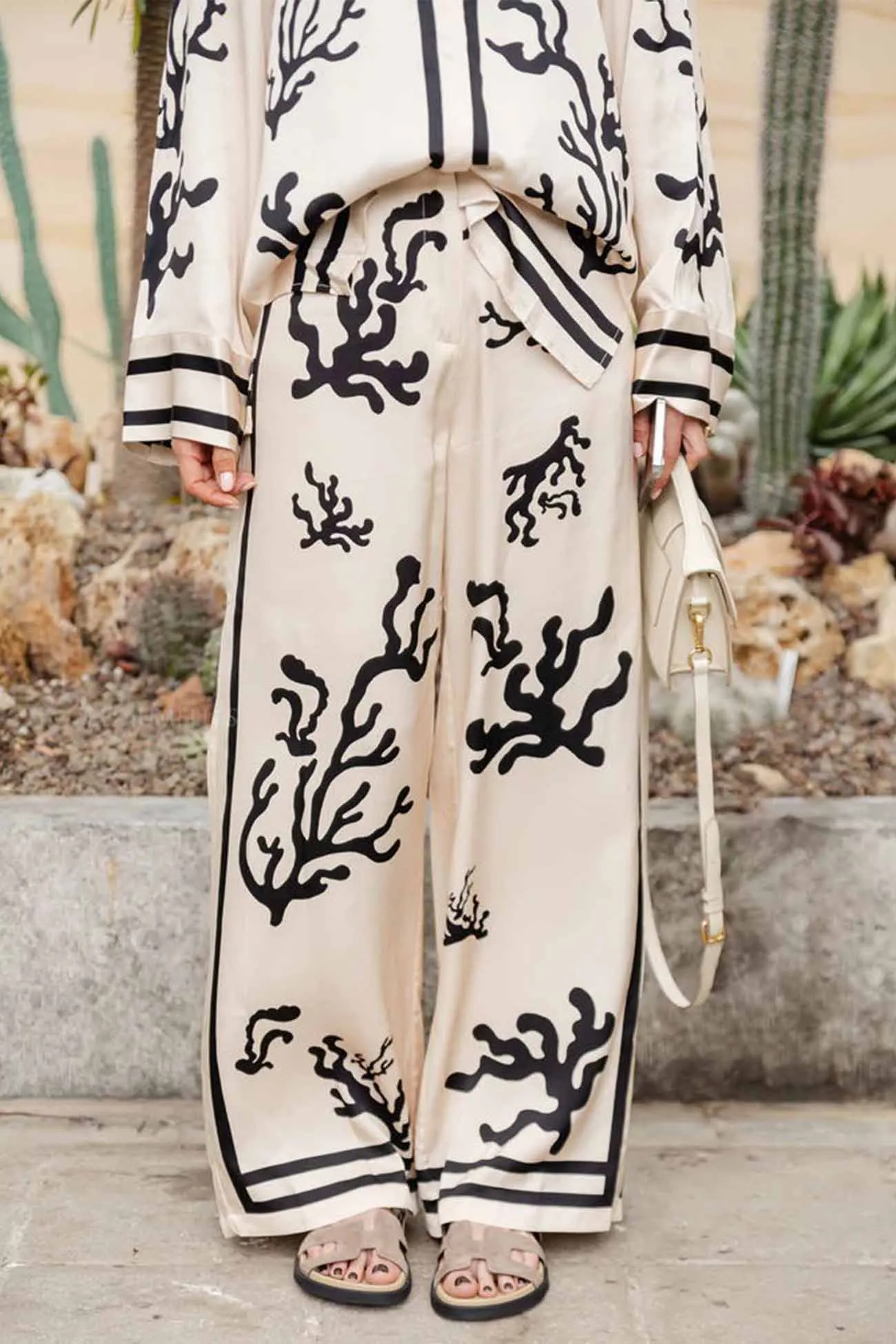Maxct Satin Contrast Printed Button Long Pants Set
