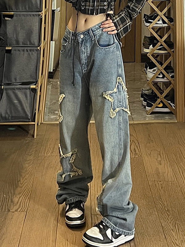 Vintage Wash Distressed Star Patch Boyfriend Jeans Maxct