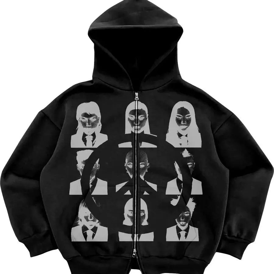 Maxct Gothic Retro High Street Hoodies Y2k Zip Up Hoodie Men and Women Clothes Hip Hop Punk Loose Sweatshirt Zipper Pullover Cardigan