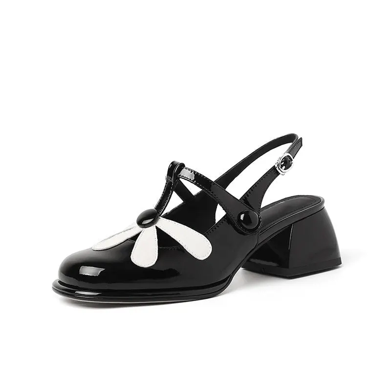 T strap Flower Detail Mary Jane Slingback Sandals Block Heel Square Toe Maxct