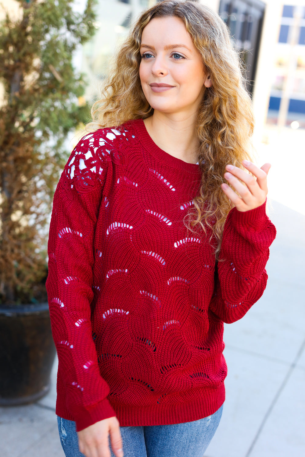 Maxct &Casual Chic Burgundy Pointelle Lace Shoulder Knit Sweater
