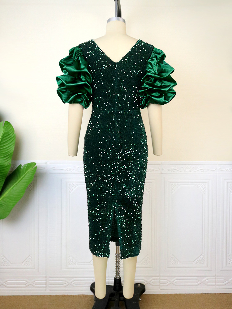 Maxct Am1117 Sexy V-neck Pile Sleeve Dress High Waist V Back Party Sequined Dress Dress Dresses