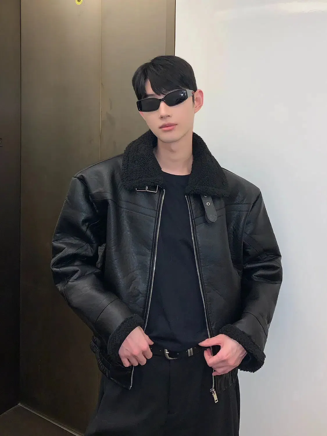 Maxct Fleece Stand Collar Faux Leather Jacket