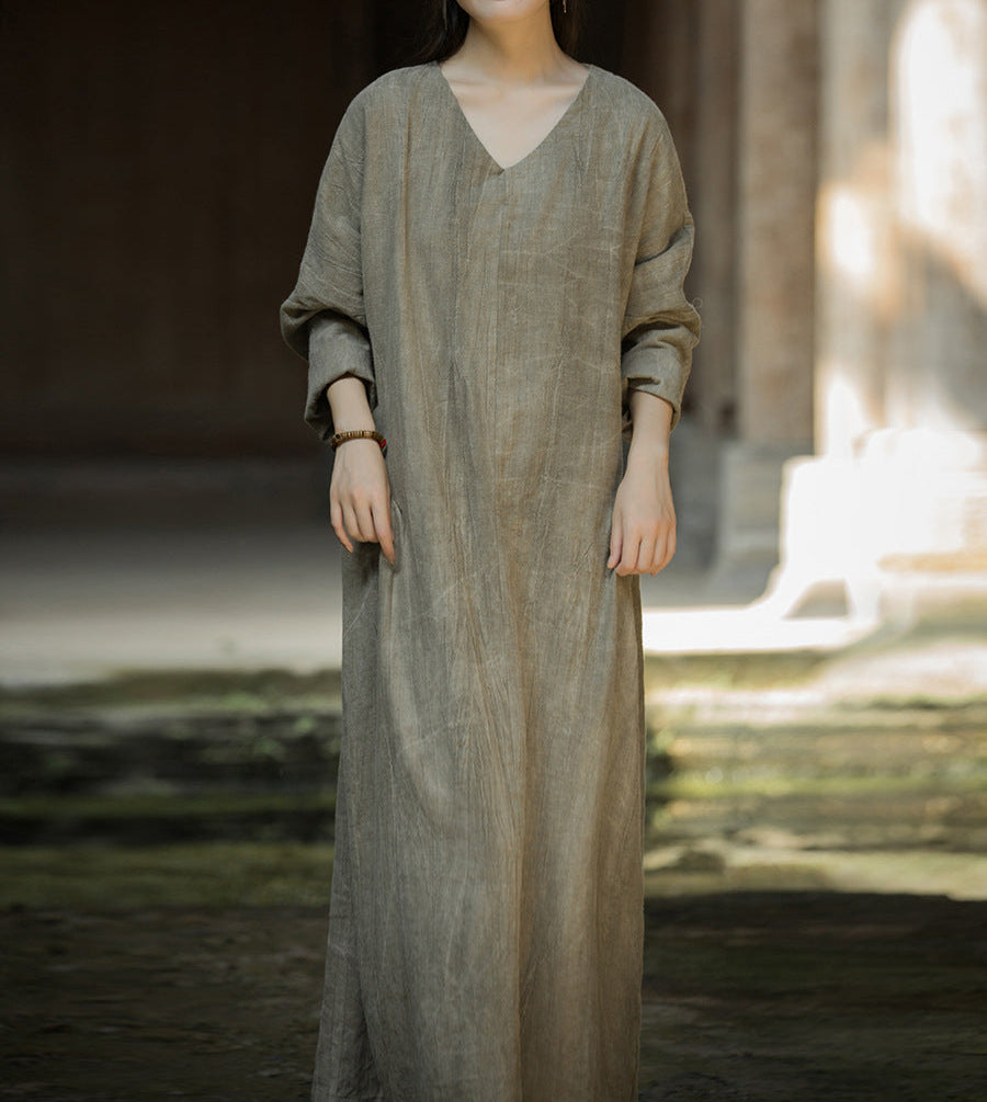 Women Casual Spring Tie-Dye V-Neck Ramie Cotton Midi Dresses