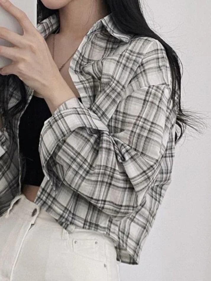 Maxct Vintage Plaid Short Loose Long Sleeve Blouse