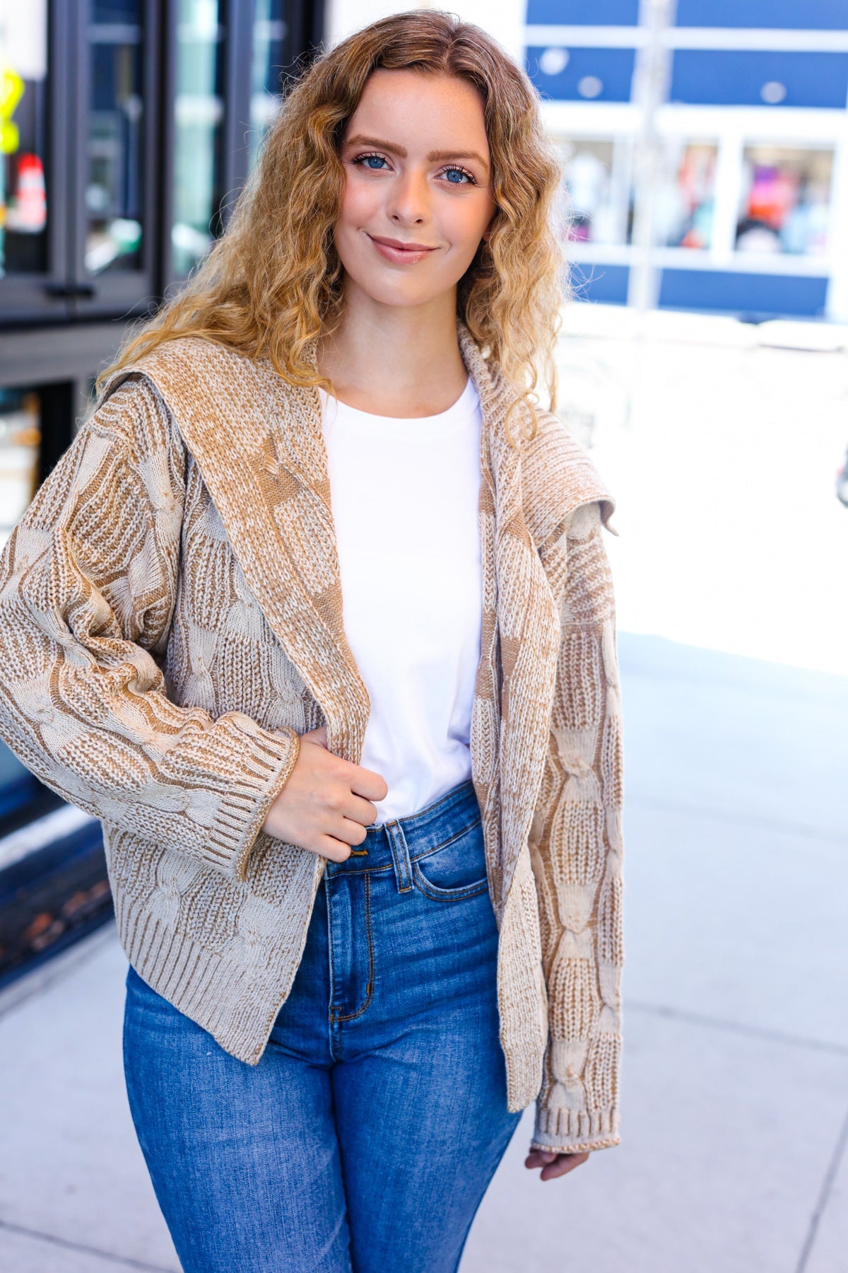 Maxct &Autumn Vibes Taupe Textured Cable Knit Collared Cardigan