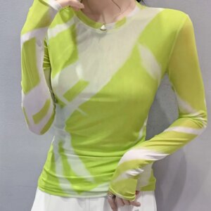 Maxct Fashion Printing Long-Sleeved Round Neck T-shirt Women Contrast Color Slim Double-Layer Mesh Tees Tops