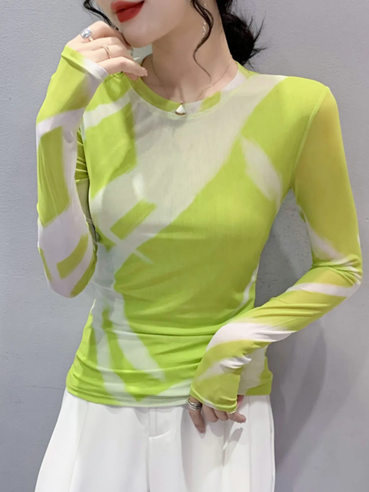 Maxct Fashion Printing Long-Sleeved Round Neck T-shirt Women Contrast Color Slim Double-Layer Mesh Tees Tops