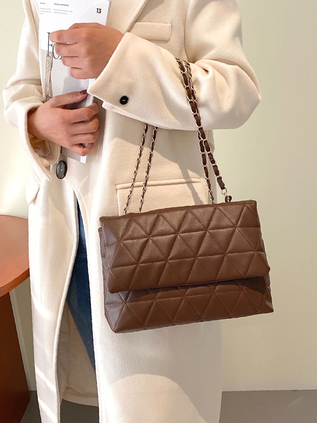 Maxct - Minimalist Quilted Chain Flap Square Bag - Women Tote Bags