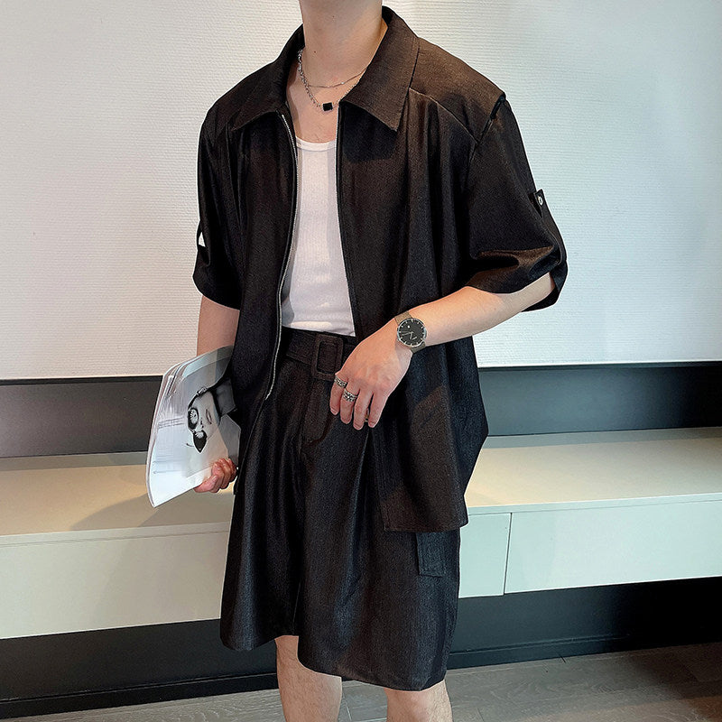 Maxct Casual Zipper T-shirt Shorts Two-piece Set