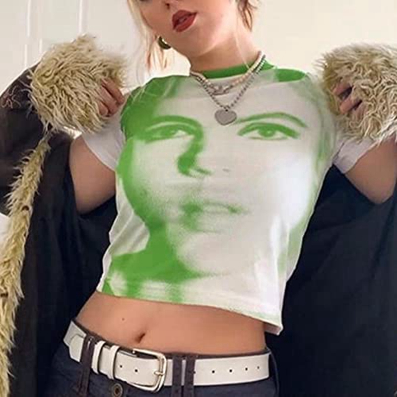 90s Vintage Portrait Graphic Print T-shirt Harajuku Crop Top Y2K Aesthetic Summer Slim Fit Tees Tops Women Streetwear Gothic
