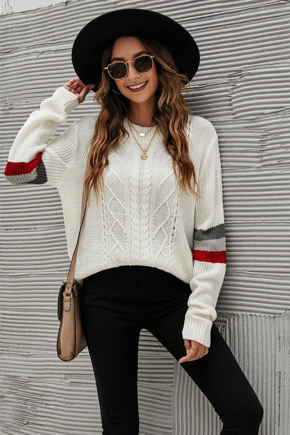 Maxct &Feeling You Best Striped Cable-Knit Round Neck Sweater