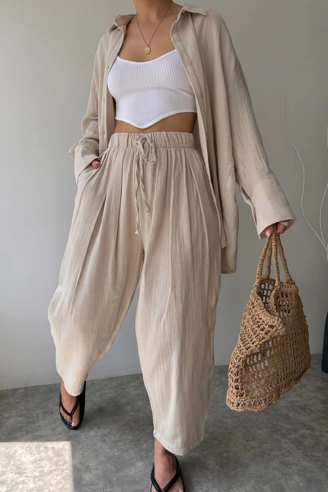 Maxct Lapel Long Sleeve Shirt Strappy Long Pants Suits