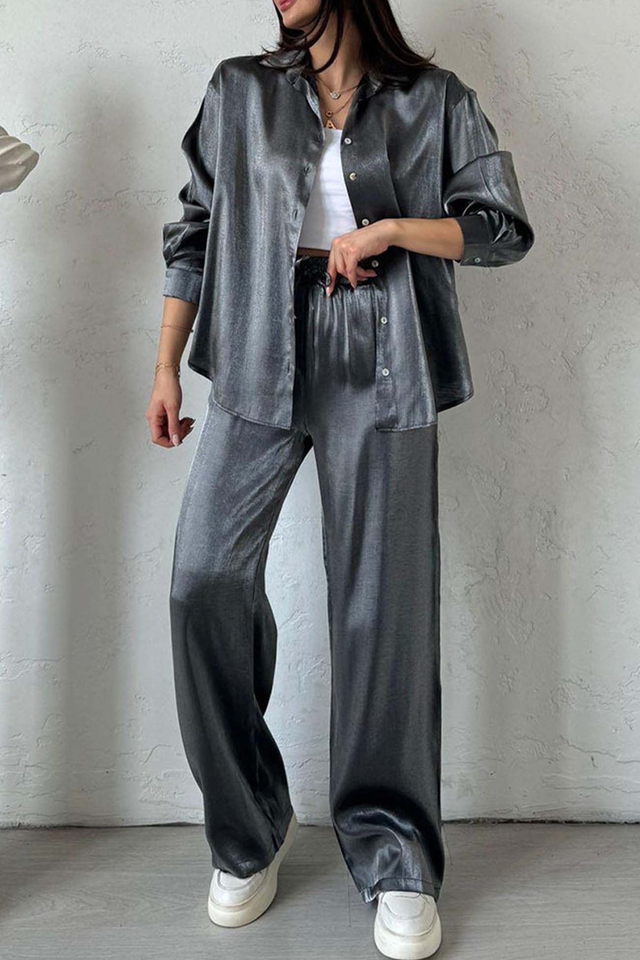 Maxct Metallic Shiny Button Down Shirt Long Pant Set