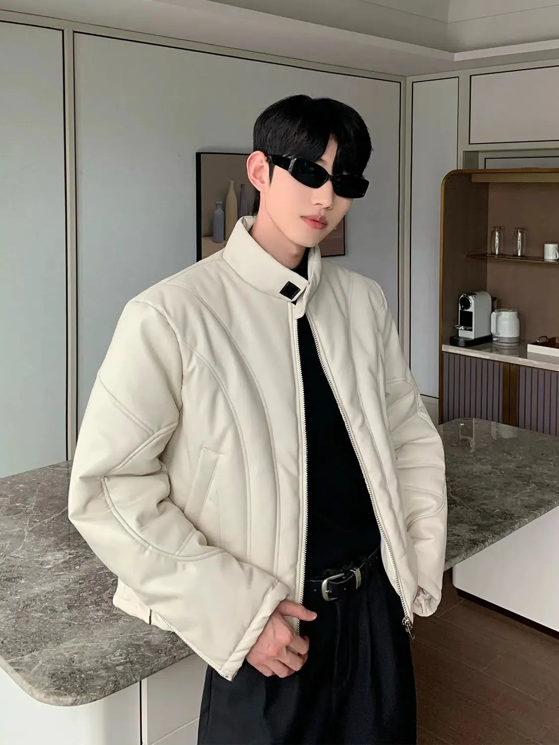 Maxct Quilted Collar Short PU Leather Jacket