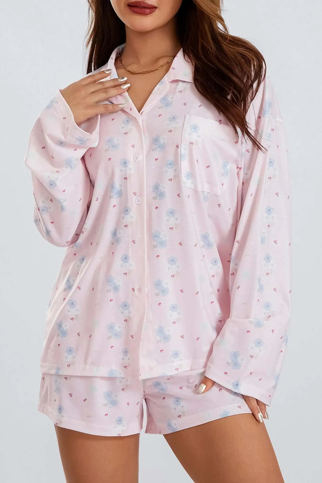 Maxct Printed Long Sleeves Button Shirt Shorts Set
