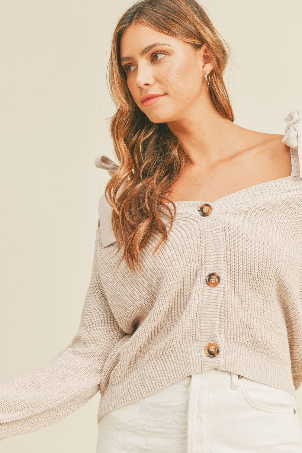 Maxct &MABLE Off Shoulder Self Tie Strap Button Down Sweater