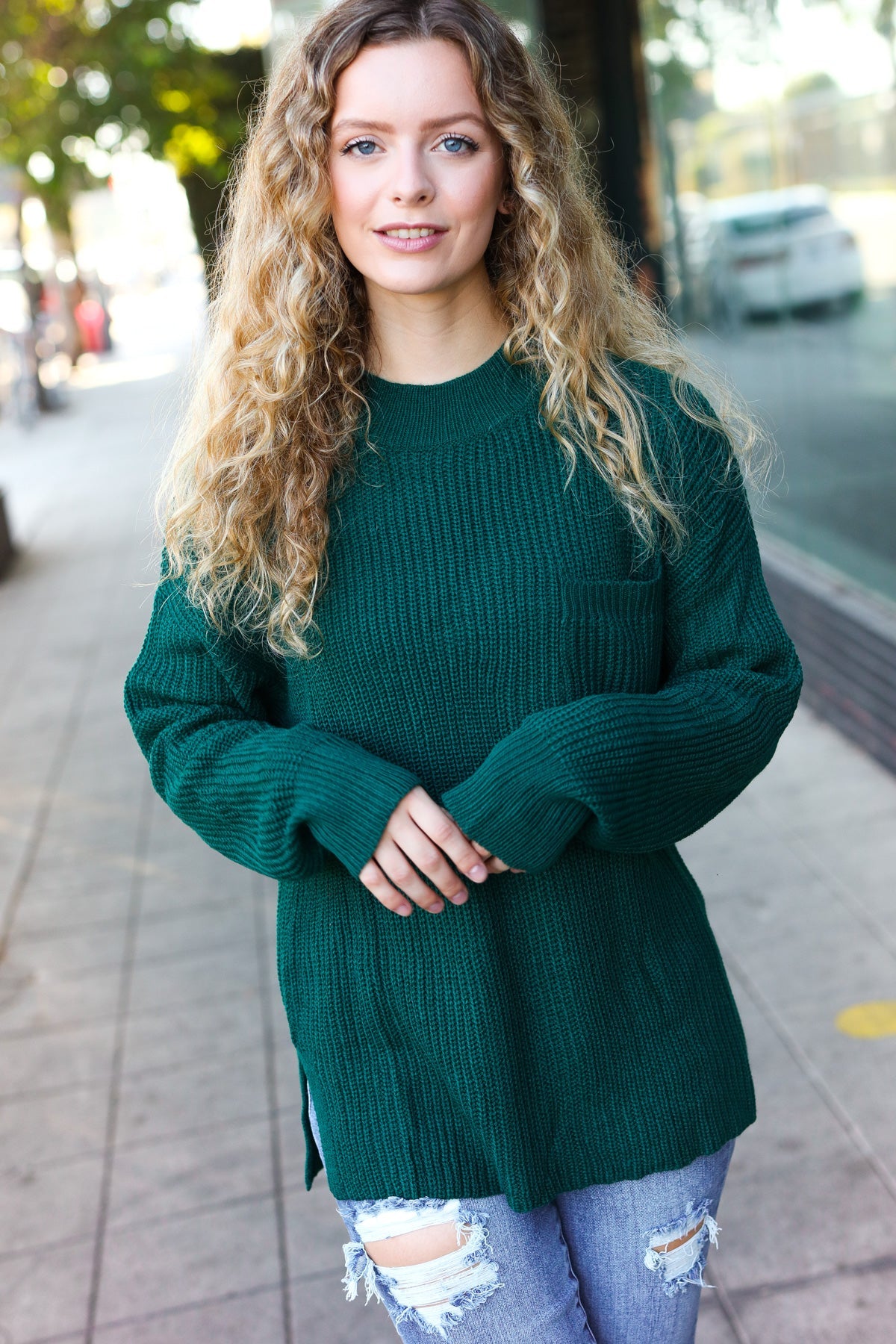 Maxct &Classy Chic Hunter Green Mock Neck Chest Pocket Knit Sweater