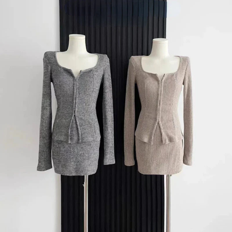 Voguable  2 Piece Dress Set Elegan Casual Long Sleeve Knitted Suits Y2k Crop Tops + Bodycon High Waist Mini Skirt Korean Maxct